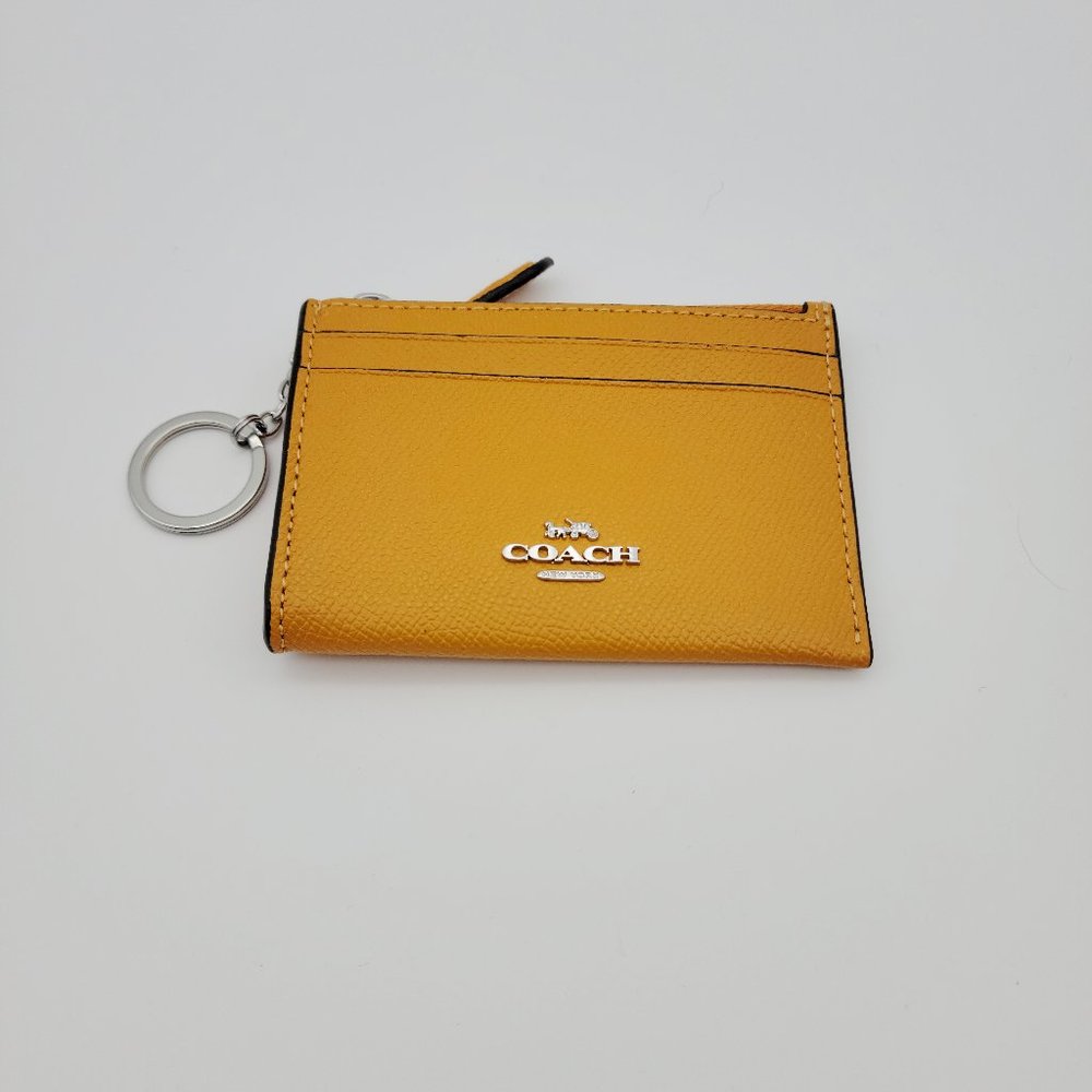 Coach 88250 Crossgrain Leather Mini ID Skinny Wallet Card Case Papaya Key Ring - Picture 1 of 6